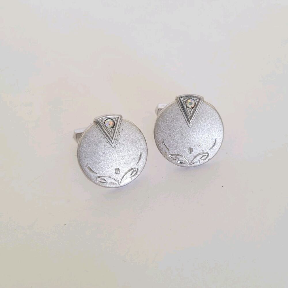Silver Tone Cufflinks Vintage Round Retro Art Deco Circonia‎ Unbranded Quality